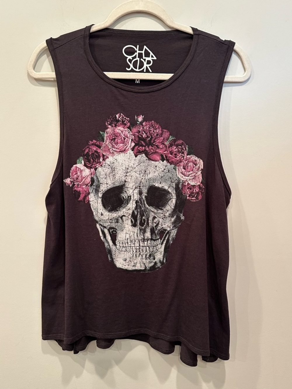 Chaser Floral Skull Graphic Tank Top Grunge Biker Festival Goth Dark Floral Sz M - Picture 2 of 9